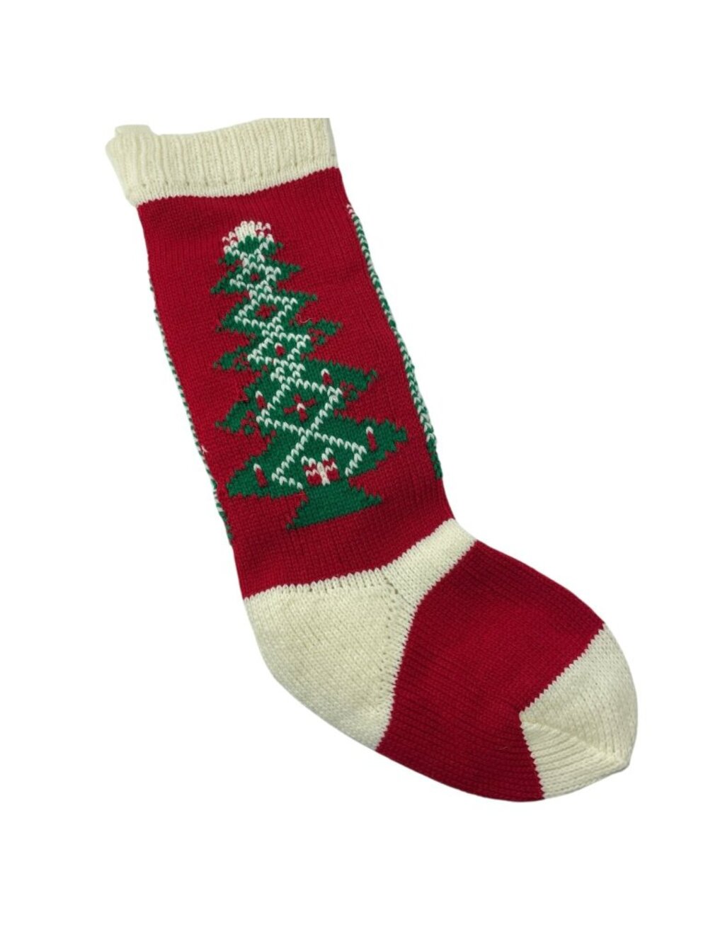 Handmade Knitted Christmas Stocking Red Green Tree 20 Inch Festive Decor